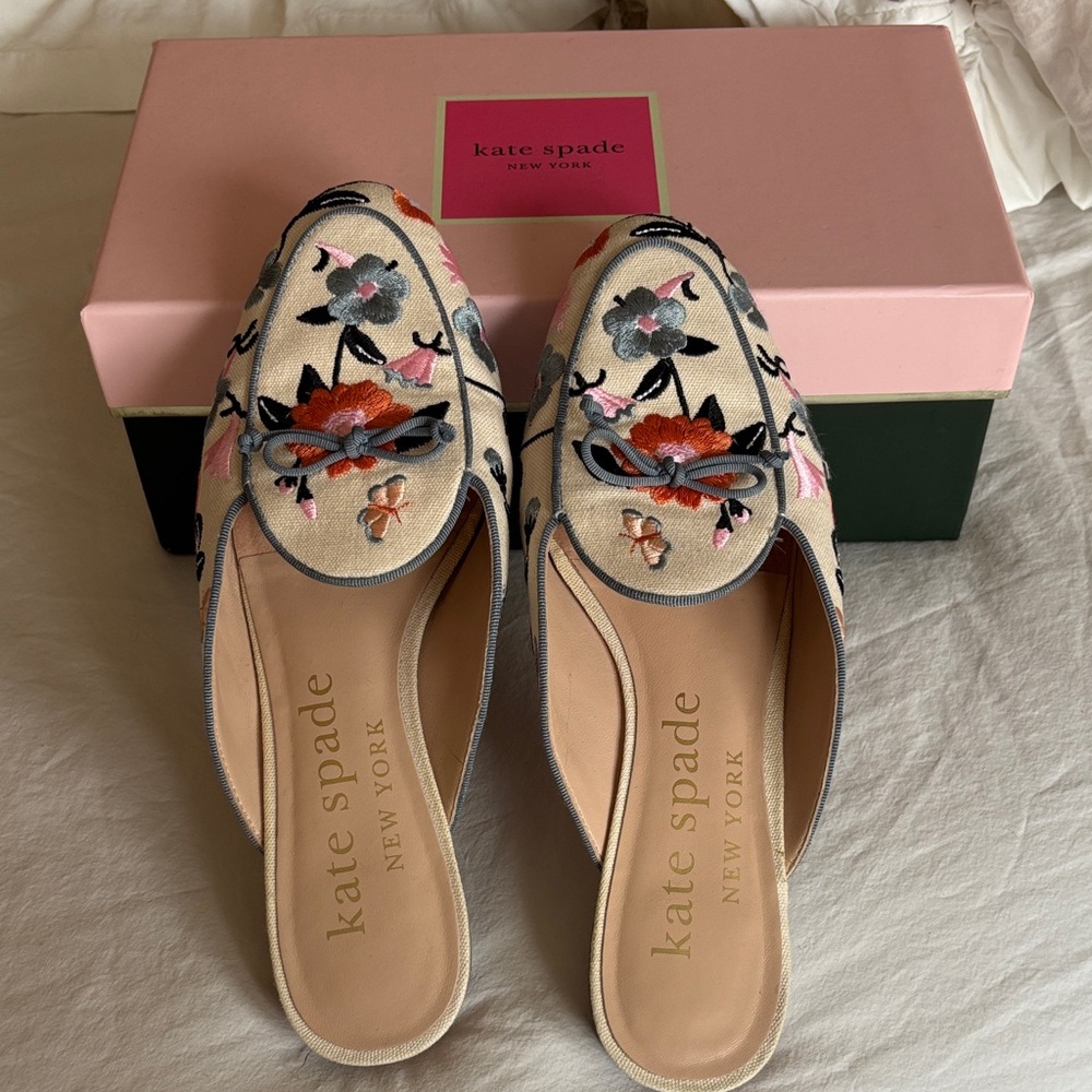 Kate Spade Floral Embroidered Mules - Cream and Multicolor